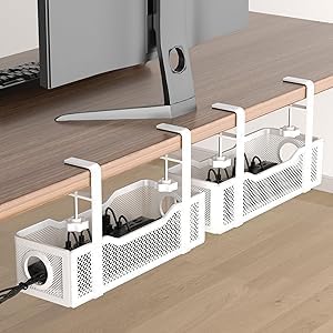 2 Pack Cable Management Under Desk Tray, No Drill Cable Management Box with Clamp for Wire Organization, Cord Organizer for Office, Home - No Damage to Desk (White)