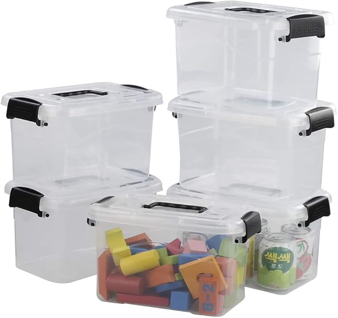 5 L Plastic Storage Bin with Lid, Clear Transparent Box With Black Handles Set of 6