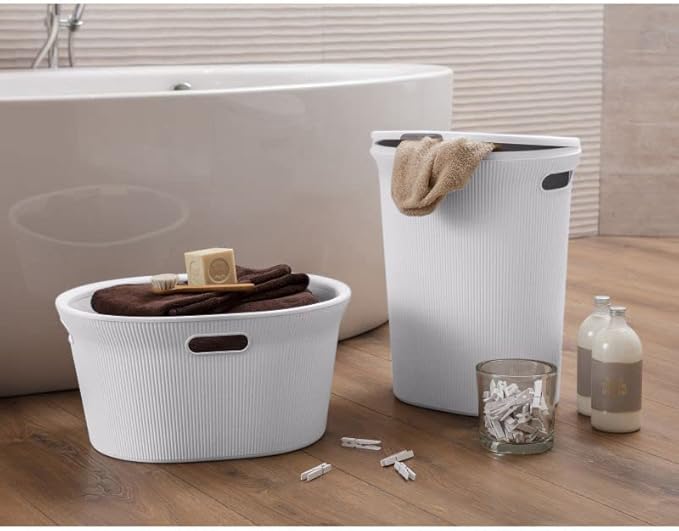 Superio Ribbed Collection - Decorative Plastic Laundry Basket & Laundry Hamper with Lid and Cut-Out Handles, White Smoke (Set of 2) Organzier for Bedroom Bathroom College Dorm Room