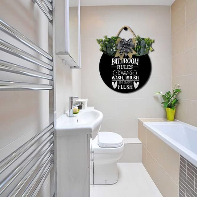 Farmhouse Bathroom Decor,Bathroom Rules Sign,Rustic Round Wooden Wreath Sign,Funny Bathroom Decor Wall Art For All The Seasons
