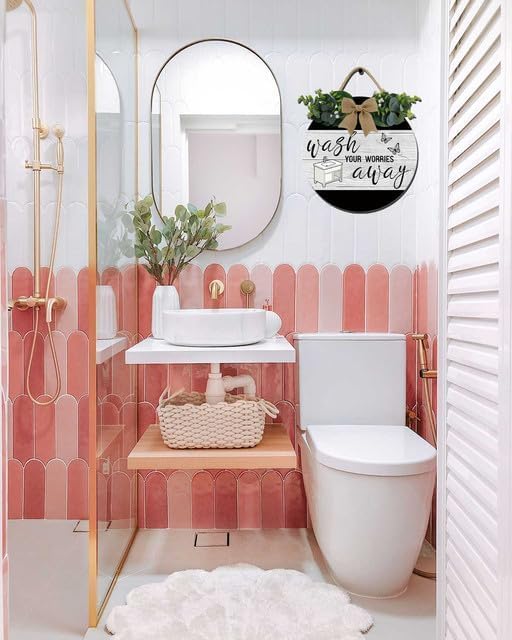 Bathroom Wall Art,Bathroom Sign,Rustic Round Wooden Wreath Sign,Funny Bathroom Signs For All The Seasons