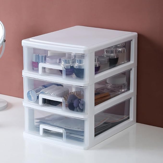 SAFIGLE 3 Layer Plastic Stackable Storage Drawer: Small Drawer-Type Desk Organizer Boxes for Home, Office, Craft Supplies - 11inch Acrylic Stackable Storage Bins to Space-Saving(White, Medium 3Drawer)