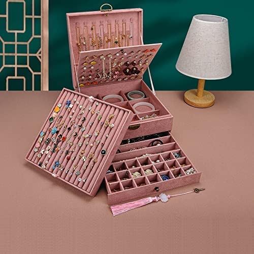 Jewelry Organizer 5 Layers Velvet Square Jewelry Box Women Necklace Ear studs Display Bangles Large Jewelry Storage Case Drawer GY306 (Pink)