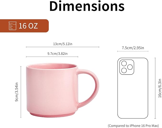 Ceramic Coffee Mugs, 16 oz Big Size for Oatmeal, Bosmarlin Matte Pink, Birthday Gifts, Dishwasher & Microwave Safe, Daily Office and Home Use