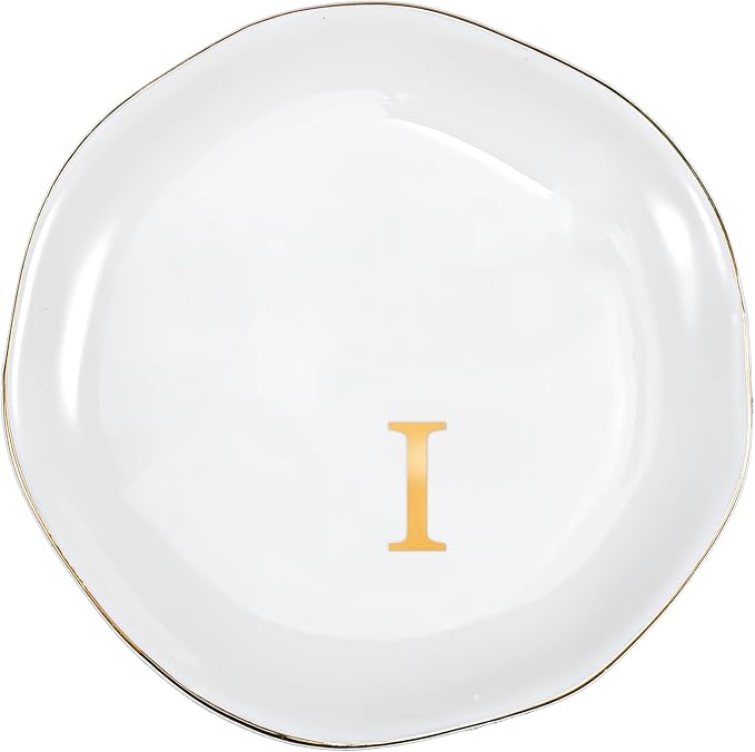 ProCase Ceramic Jewelry Tray, Initial Ring Dish Trinket Plate Engagement Gift, Small Personalized Monogram Ring Bowl for Wedding, White Decorative Jewelry Holder for Women Vanity -Letter I