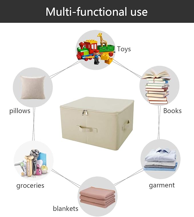 Pack of 3, Folding Rigid Sides Clothing Storage Organizer Bins with Zip Lid, Clothes/Blankets/Books/Magazines Storing Cubes for Living Room, Bedroom, Light Gray