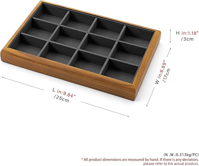 Oirlv Solid Wood 12 Grid Jewelry Organizer Tray Jewelry Drawer Organizer for Rings Earrings Storage Display(Grey)