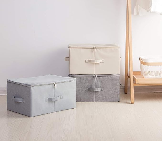 Folding Storage Box with Zip Lid and Handles, Rigid Storage Baskets With Linen Fabric& Plastic Board, Closet Shelf Drawers,Dark Gray, 2 pcs