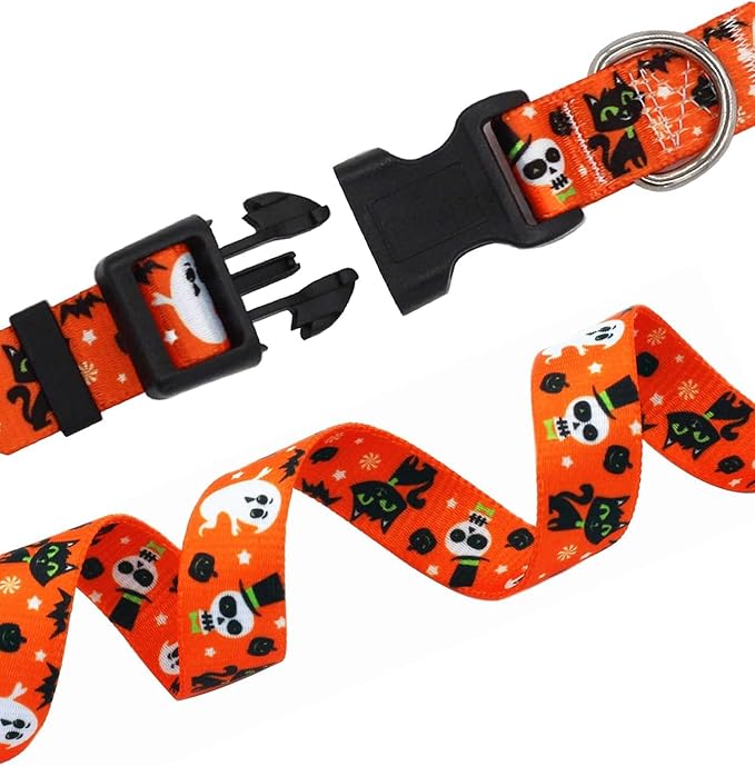 Halloween Dog Collar and Leash Set - Pumpkin Bat Ghost Pattern - Adjustable for Small Medium Large Dogs(Halloween Set,M)