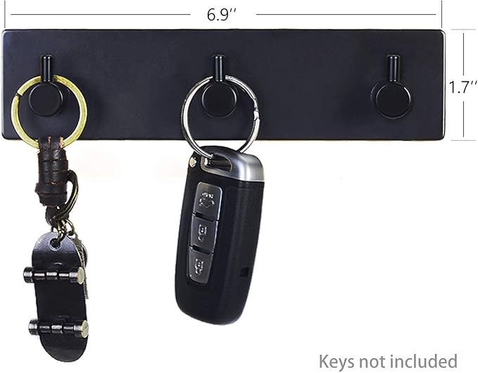 Key Holder (3 Hooks) - Sturdy Self Adhesive Stainless Steel, Matte Black, Wall Mount, Damage Free, Extra Thick, for Keys and Masks, Entryway, Hallway