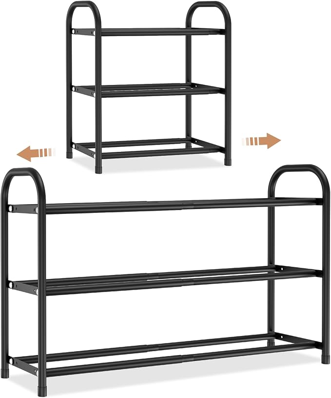 Expandable Shoe Rack for Closet, 18"-32" Metal Shoe Rack for Entryway 3-Tier Adjustable Width Free Standing Shoe Shelf 12 Pairs Small Shoe Organizer for Front Door Garage Bedroom Dorm, Black
