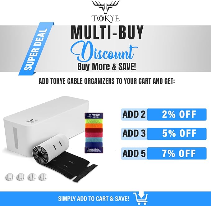 Large Cable Management Box, Cord Organizer to Hide Power Strip, Extension Cord, Surge Protector | Cord Hider Safe Box for Desk Organizers, Gaming PC, Computer, TV | White, Black Edition by Tokye®