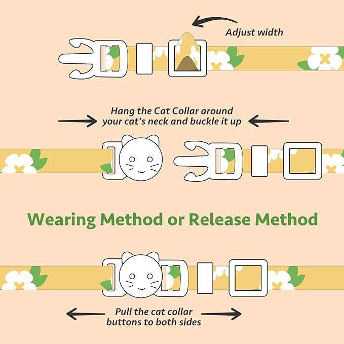 2 Pack Cotton Breakaway Cat Collar Green and Yellow Flowers Pendant Cute Kitten Cat Collar with Bell