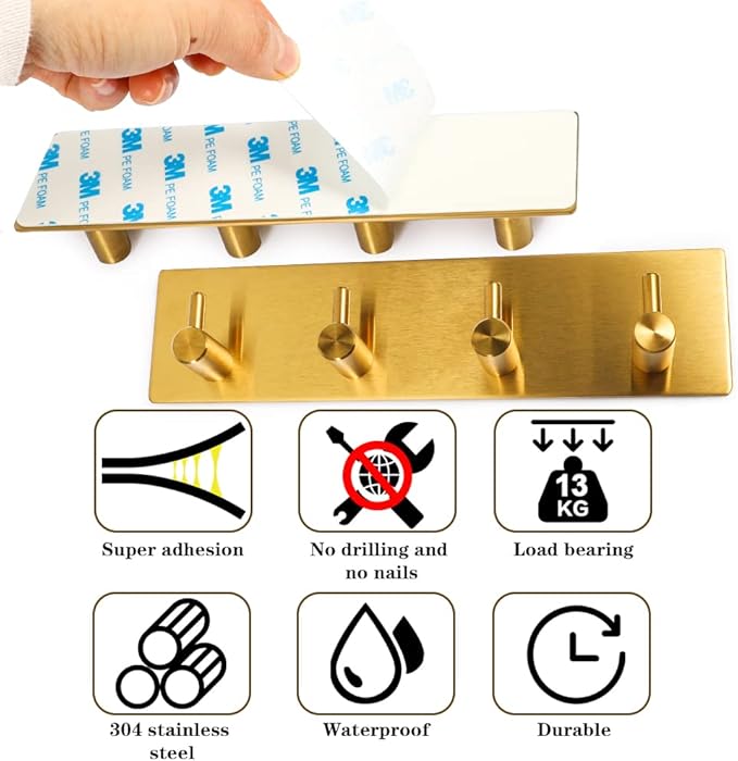 Picowe Key Holder for Wall Decorative, Adhesive Stainless Steel Key Hooks, Key Hanger Key Organizer for Wall, Towel Hook Coat Hanger for Entryway Hallway Kitchen(Four Rows,Golden 1PCS)