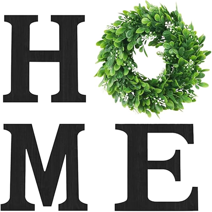 Wooden Home Sign with Artificial Green Wreath for O, Hanging Farmhouse Wall House Decor Wood Letters for Wall Art Rustic Home Decor, Wall Decor for Living Room Kitchen Entryway (Black)