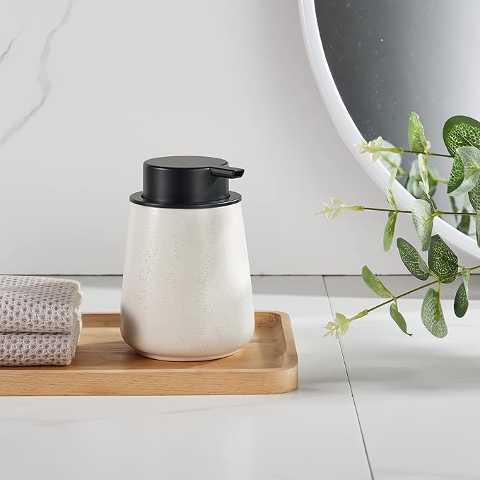 12Oz Ceramic Liquid Soap Dispenser - Modern Lotion Hand Soap Dispenser with Easy-to-Press Black Pump, Reusable and Refillable Dish Soap Dispensers for Bathroom & Kitchen, Speckled Matte Beige