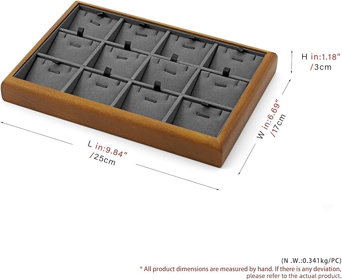 Oirlv Solid Wood 12 Grid Liner Pendant Jewelry Organizer Tray Jewelry Drawer Organizer(Grey)