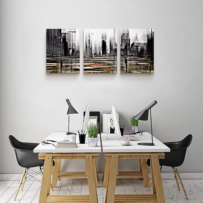 TTHYUEWS Canvas Wall Art For Living Room Family Wall Decorations For Bedroom Modern Office Wall Decor Black And White Abstract City Paintings Posters Prints Wall Pictures Artwork Home Decor 3 Piece