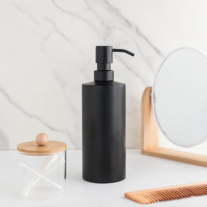 Black Soap Dispenser Stainless Steel for Bathroom and Kitchen Sink, 15oz Refillable Round Rustproof Hand Dish Soap Dispenser Pump for Detergent, Lotion, and Countertop