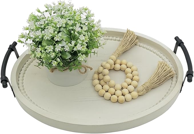 Oval Rustic Wooden Decorative Tray, Serving Tray with Metal Handles, Ottoman Coffee Table Tray, Farmhouse Centerpiece for Kitchen or Living Room (White)