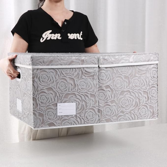 PRANDOM Jumbo Collapsible Storage Boxes with Lids Fabric Decorative Storage Bins Cubes Organizer Baskets with Cover Handles Divider for Bedroom Closet Living Room 23.2x15.7x11.6 Inch 3 Pack