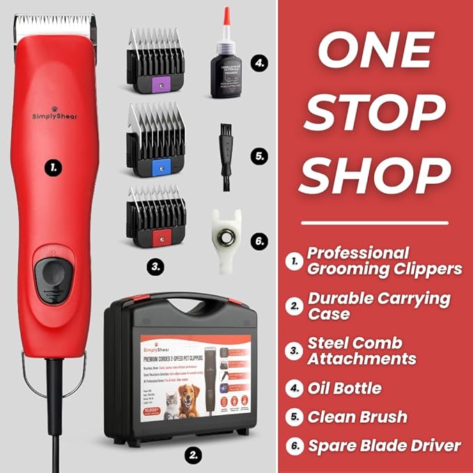 Professional Dog Clippers for Grooming | High-Performance 2-Speed Corded Shears for Thick, Curly Coats & Matted Hair | Low-Noise Pet Grooming Kit with Heavy Duty Hair Trimmer, Red