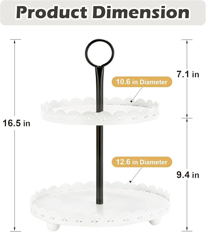 Wooden Two Tiered Tray Stand, Farmhouse Round 2 Tier Decorative Tray with White Metal Floral Edge for Home Kitchen Table Decor, Serving Tray for Coffee Bar Party Weddding Holiday Decorations