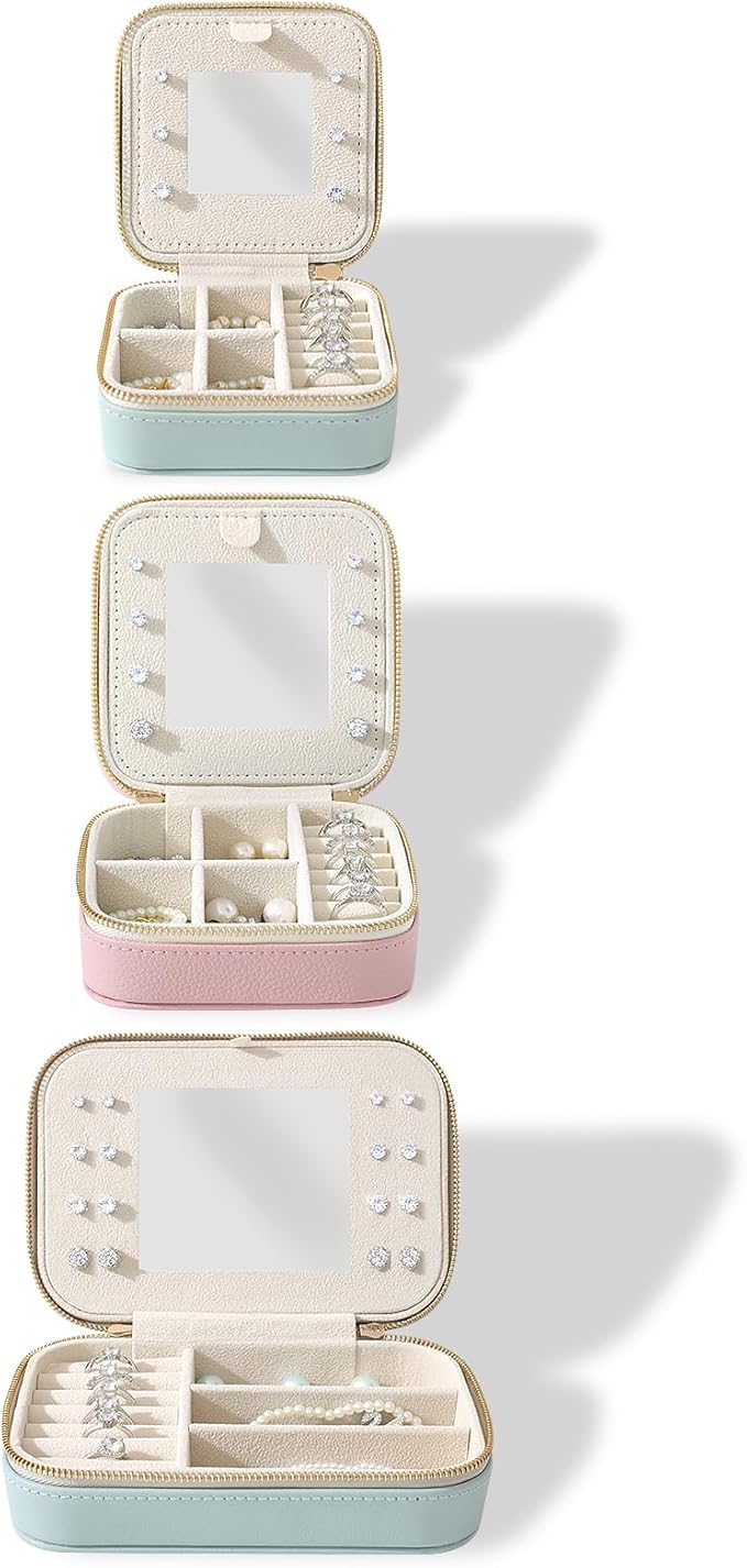 Genuine Leather Travel Jewelry Organizer Case with Mirror for Women, Small Mini Portable Jewelry Box for Ring Earrings Necklace Bracelet Luxury Gift for Women(Light Blue)