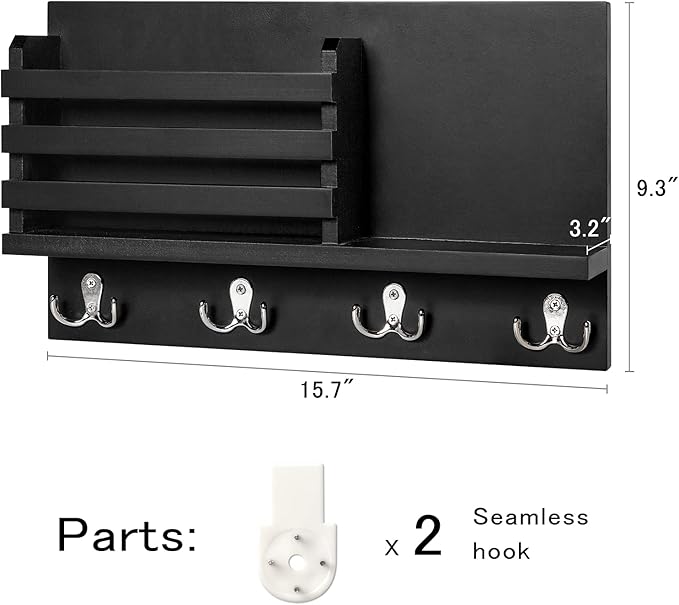 Dahey Wall Mounted Mail Holder Wooden Key Holder Rack Mail Sorter Organizer with 4 Double Key Hooks and A Floating Shelf Rustic Home Decor for Entryway or Mudroom,15.7" W x9.3 Hx3.2 D, Black
