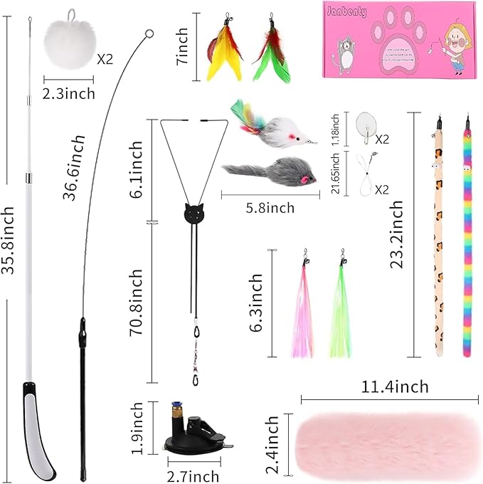 4-in-1 Interactive Cat Feather Toys with Durable Retractable Fishing Pole, 11 Attachments Replacements and Interactive Cat Toys for Indoor Cats