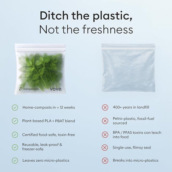Vove Compostable Storage Bag Bundle, 140 Count Multi-Size S/M/L/XL – Freezer Safe, Resealable, Non Toxic Bags for Food, Meal Prep & Snacks, Plastic-Free Eco Bags