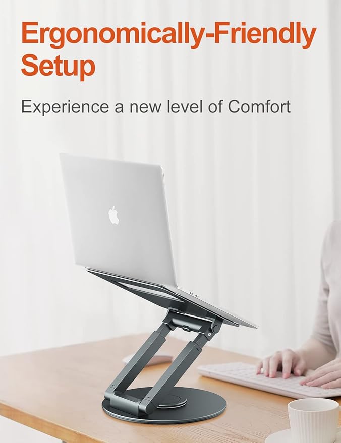 tounee Telescopic Laptop Stand for Desk with 360° Swivel Base, Sit to Stand, Height Adjustable, Portable Riser Holder for Good Posture, Compatible with MacBook Pro, All Laptops 10-17"-Gray