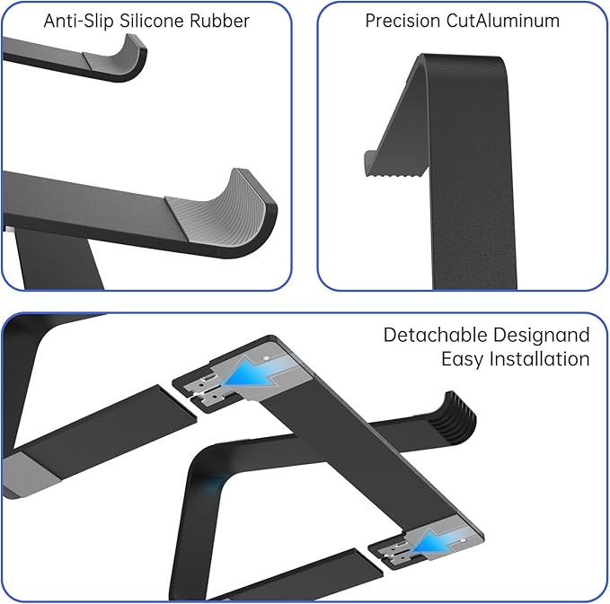 Laptop Stand for Desk Detachable Aluminum Computer Riser Portable Metal Notebook Holder Compatible with MacBook Air, Pro, Dell, HP, Lenovo and All 10-16" Laptops, Black