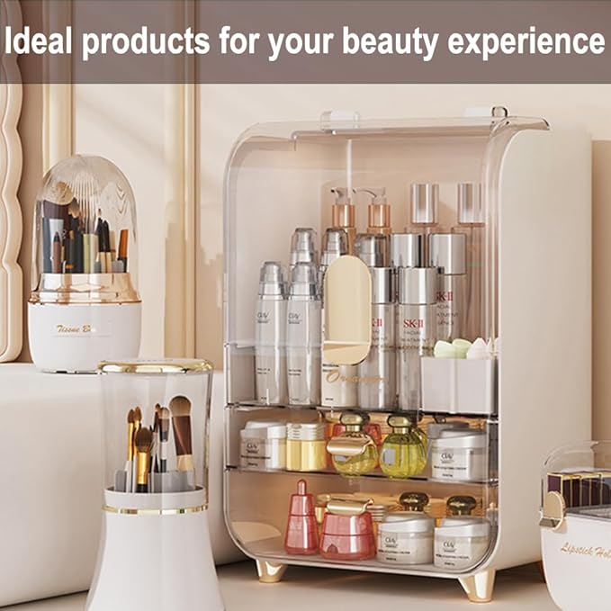 Makeup Organizer for Vanity, Large Capacity Cosmetic Organizer Trendy Stuff, Clear Cosmetic Display Case with Flip-top Lid and 2-Tier Drawer for Bathroom Countertop, Bedroom Dresser (White)