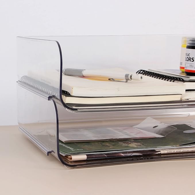 2 Pack Stackable Desk Letter Paper Tray, A4 Clear Plastic Desk File Organizer Letter Tray, Desktop File Paper Organizer with Anti-Skid Design for Office Desktop