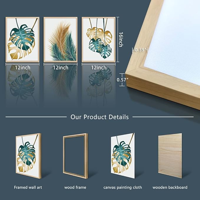 Natural Wood Framed Wall Art For Living Room Wall Decorations For Bedroom Kitchen Wall Decor Dining Room Abstract Painting Leaves Wall Pictures Artwork Bathroom Home Decor 3 Piece Framed Art Prints