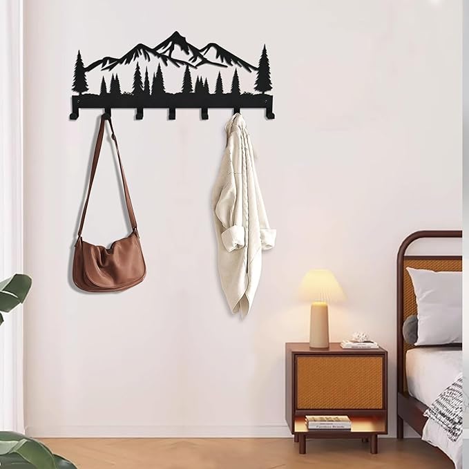 Key Holder for Wall, Metal Wall Hooks Organizer Rack with 7 Hooks for Keys, Coats, Bags – Decorative Home Decor for Entryway, Hallway, Kitchen, Living Room (12 Inches, Mountain)