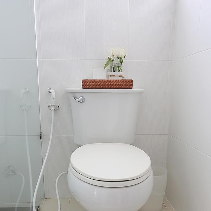 Rattan Bathroom Vanity Trays Toilet Tank Baskets Long Narrow Hand Towel Storage Basket for Storage, Decorative (Honey Brown 10.2 x 4.9 x 1.6 inch)