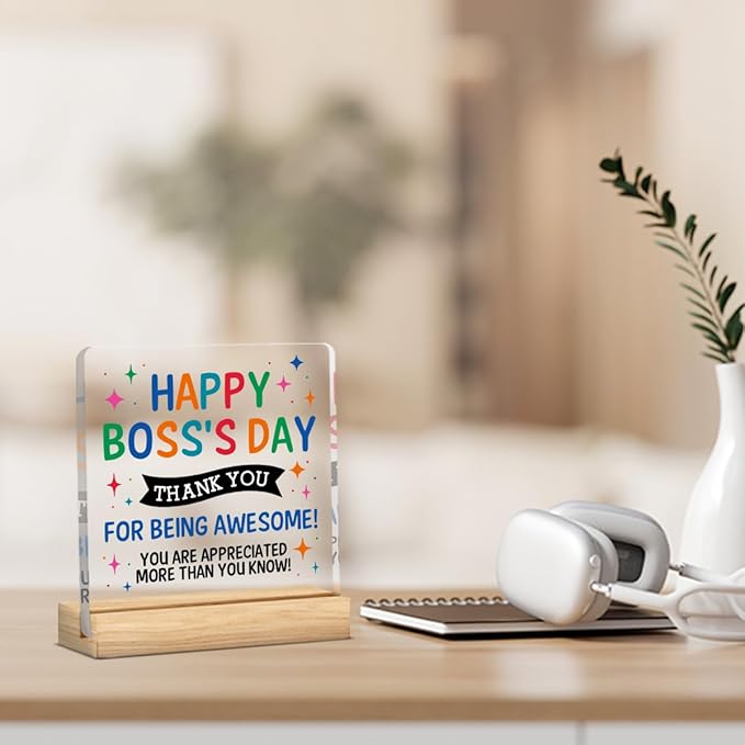 Funny Boss Gifts for Women Men Office Decor Acrylic Plaque Happy Boss‘s Day Thank You Gifts for Boss Manager Mentor Inspirational Gift 4x4 Inches