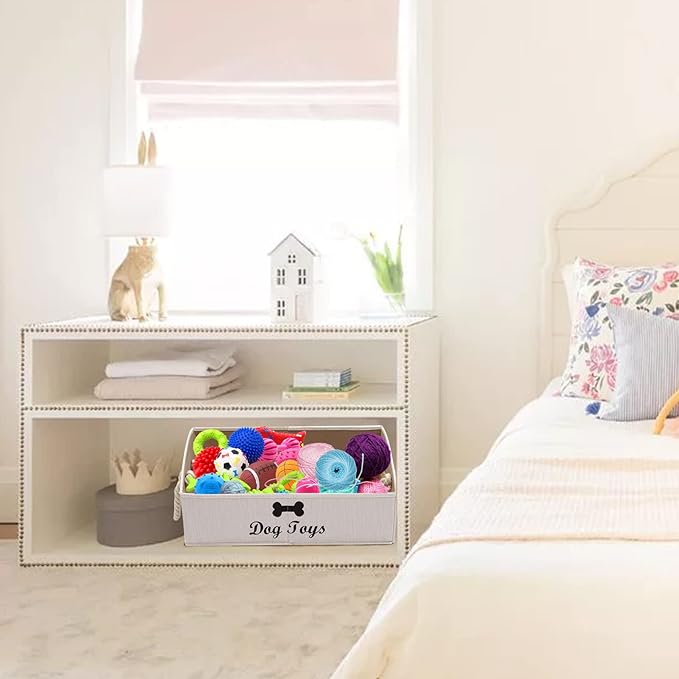 Geyecete Large Dog Toys Storage Bins-Foldable Fabric Trapezoid Organizer Boxes with Weave Rope Handle,Collapsible Basket for Shelves,Dog Apparel(Beige-Dog)