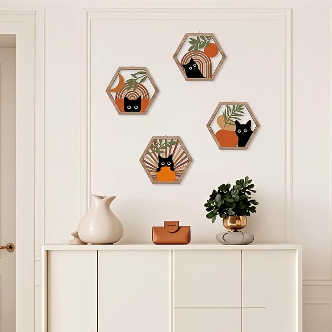HPNIUB Boho Black Cat Wall Decor, Farmhouse Geometric Hanging Wooden Wall Art, 4 Pieces 11''x9.8'' Mid Century Bohemian Abstract Moon and Sun Wood Sign for Nursery Bedroom Decoration, Lovely Cat Gifts