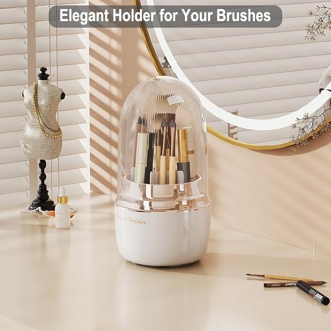 Makeup Brush Holder Organizer with Lid, 360° Rotating Cosmetic Display Case, Spinning Vanity Organizer with 6 Divided Compartments for Countertop Make Up Brushes Storage (White)