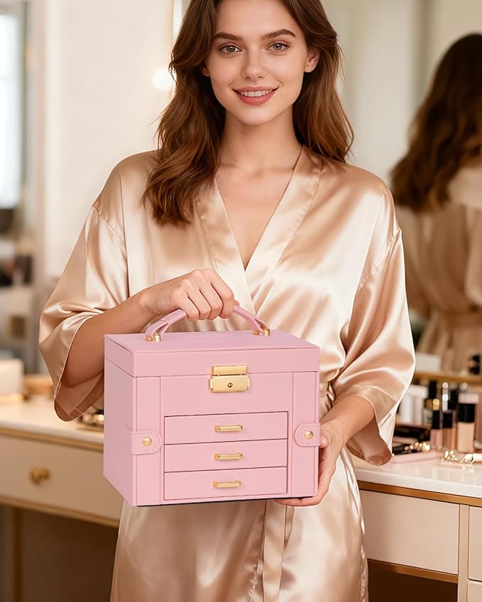 TORIBIO Jewelry Box for Women, Leather Jewelry Organizer with Mirror & Lock, 4-Tier Jewelry Storage Organizer with 3 Drawers for Girls/Women/Mothers, Necklace Earring Bracelets Holder Organizer
