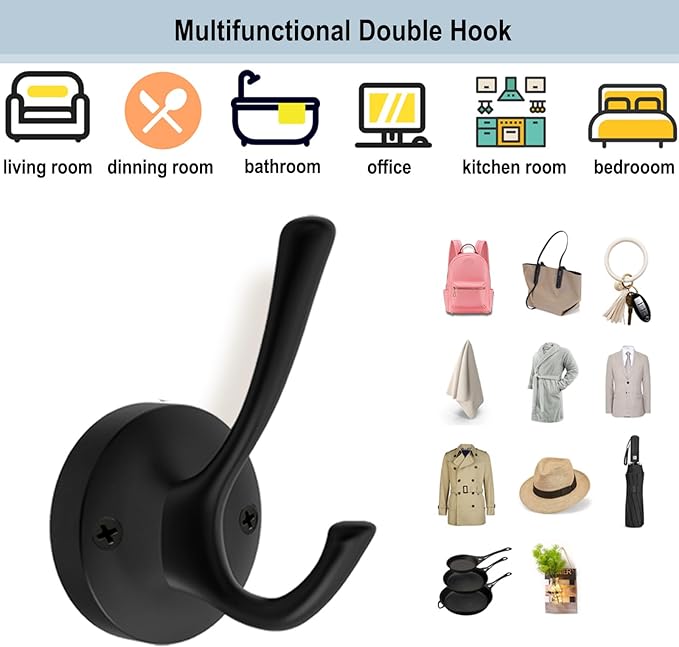 Black Wall Hooks Towel Hooks, 3 Pack Coat Hooks Robe Hook Heavy Duty Metal Double Bath Hook Wall Mounted, Hand Towel Hooks for Entryway Bathroom Kitchen Closet Garage
