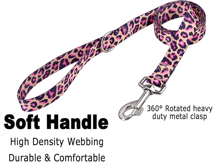 Dog Collar and Leash Set with Bohemia Floral Tribal Geometric Patterns - Soft Ethnic Style Collar Adjustable for Small Medium Large Dogs(Pink Leopard Set,L)