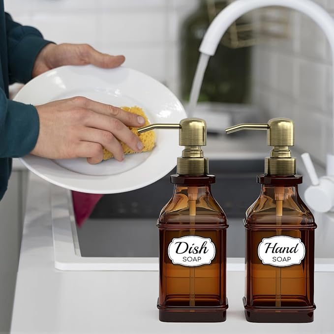 Soap Dispenser - 2 Pack, Antique Design Thick Amber Glass Hand Soap Dispensers with Sturdy Tray; 304 Rust Proof Stainless Steel Black Pump, 12Pcs Stickers, for Kitchen, Bathroom - Brushed Gold