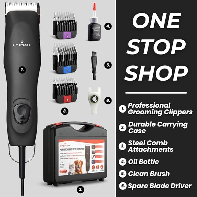 Professional Dog Clippers for Grooming | High-Performance 2-Speed Corded Shears for Thick, Curly Coats & Matted Hair | Low-Noise Pet Grooming Kit with Heavy Duty Hair Trimmer, Black