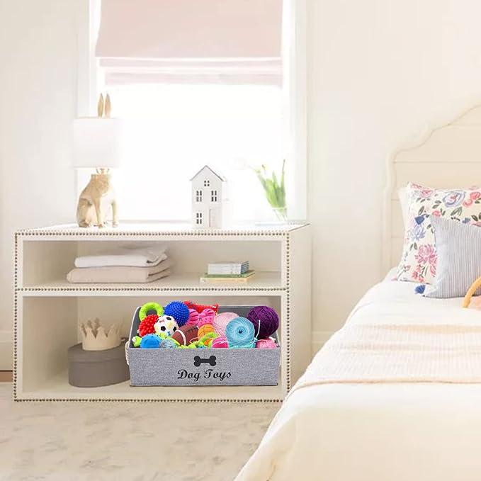 Geyecete Large Dog Toys Storage Bins-Foldable Fabric Trapezoid Organizer Boxes with weave Rope Handle,Collapsible Basket for Shelves(Snow Grey-DOG)