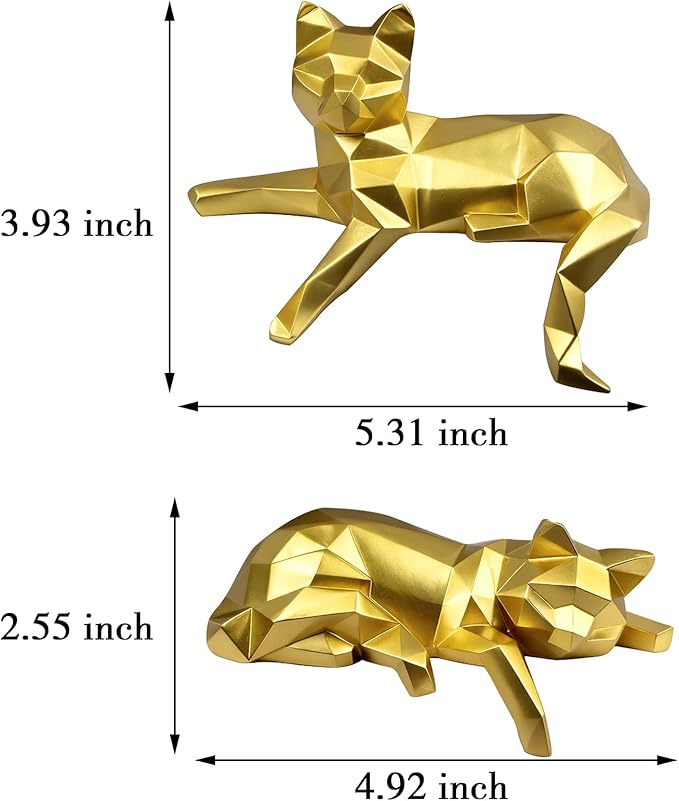 Mrlikale Bookshelf Decor Cat Statue, Modern Geometric Cat Figurines for Living Room Office Shelves Coffee Table Desk Decor – Set of 2 Minimalist Animal Statues (Gold)