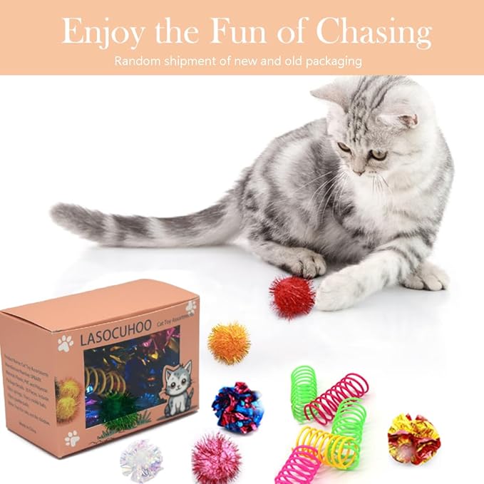 LASOCUHOO Cat Toys, 30 Packs Interactive Cat Toy Pack Including Cat Crinkle Balls, Cat Sparkle Balls, Spiral Springs for Kitten